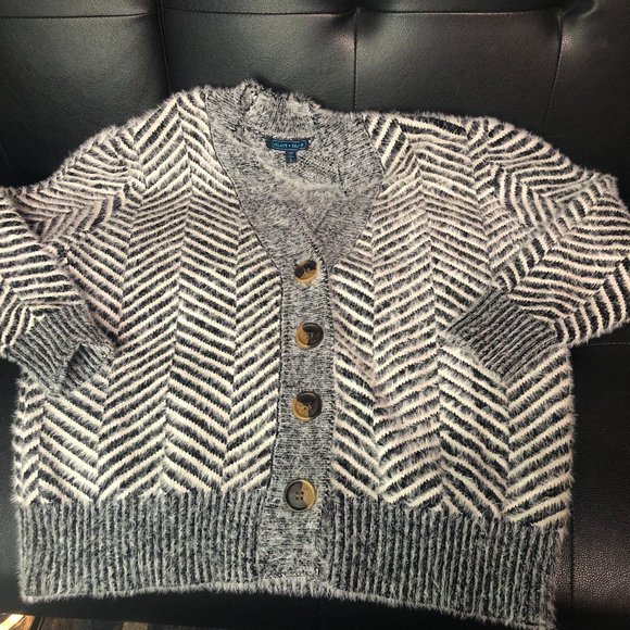 SELECT TREND Black White Striped Button Up Jacket Sweater Women Size L - Picture 1 of 3